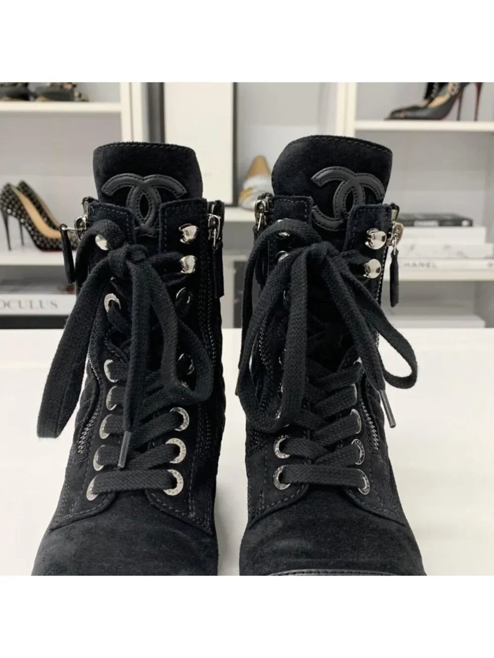 Chanel CC Logo Suede Leather Quilted Short Boots